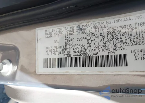 2002 Toyota Sequoia Sr5 V8 from USA, damaged, VIN 5TDBT44A02S093340